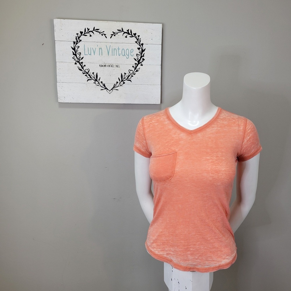 Poof Girl Coral Rose Burnout Pocket V Neck Short Sleeve Tee Shirt Kids Size 14